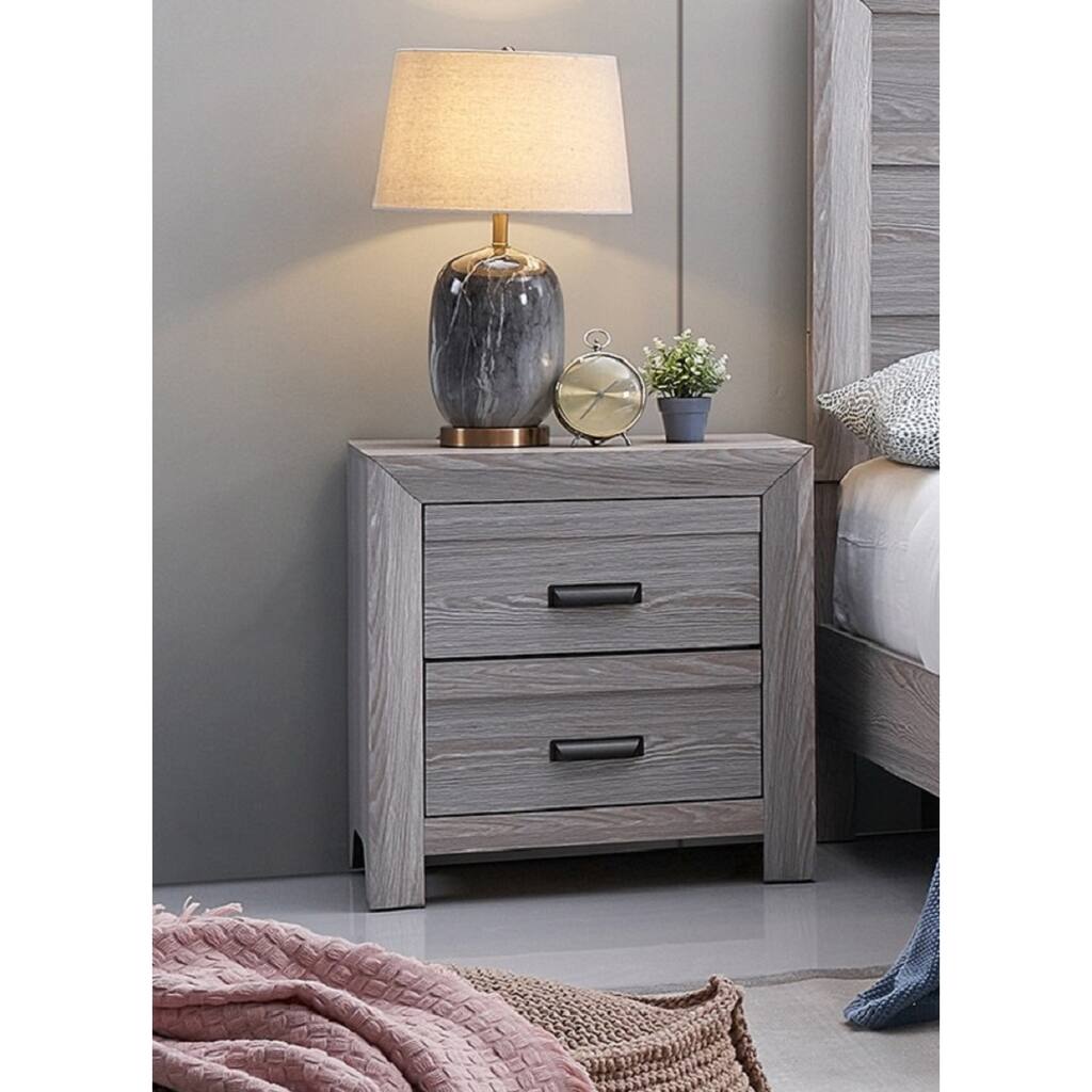 Contemporary Gray Nightstand with Two Storage Drawers, Rustic Finish, Bedroom Wooden Furniture