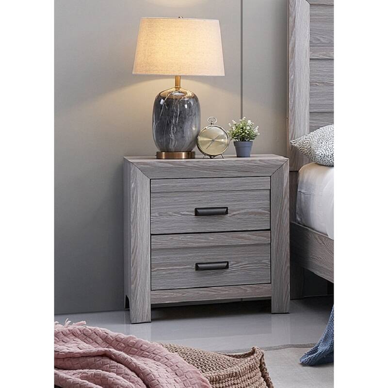 Contemporary Gray Nightstand with Two Storage Drawers, Rustic Finish, Bedroom Wooden Furniture - Gray