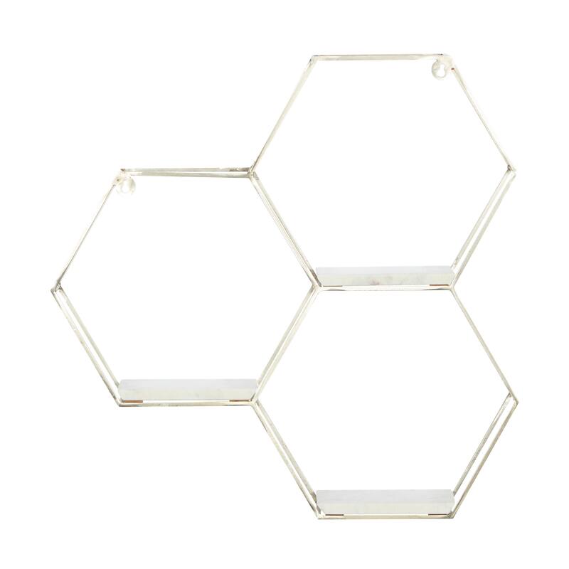 Geometric Metal Hexagon Wall Shelf with 3 Marble Shelves - Gold or Silver - 24 x 6 x 24