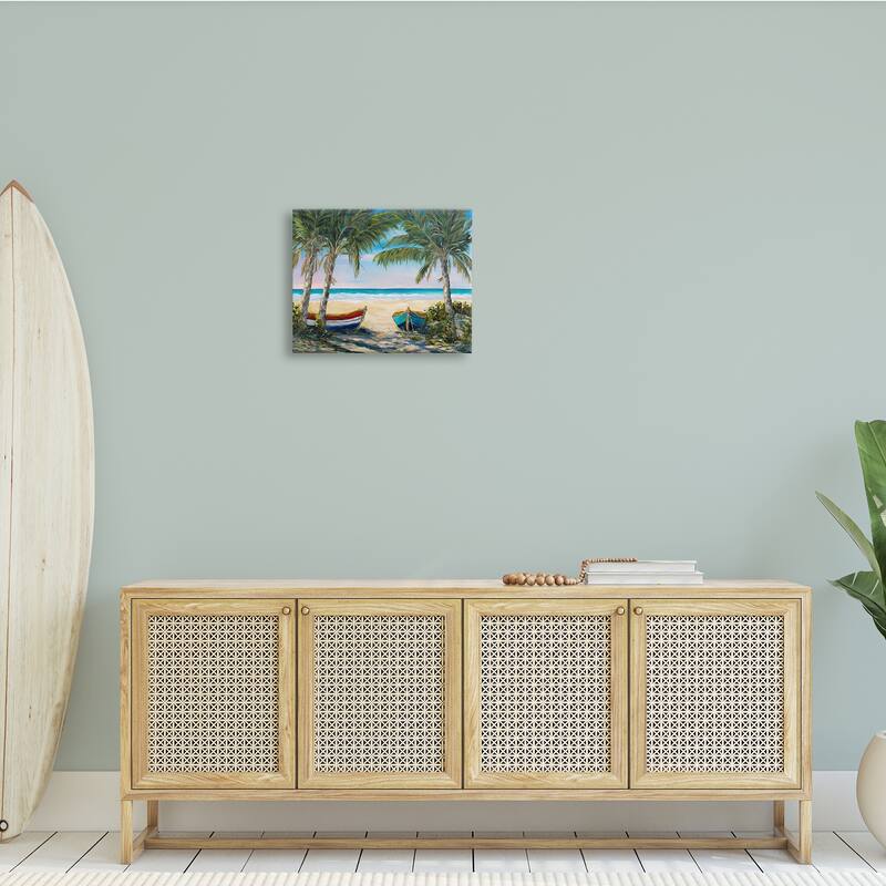 Stupell Row Boats on Beach Shore Tropical Palm Trees Canvas Wall Art - Green