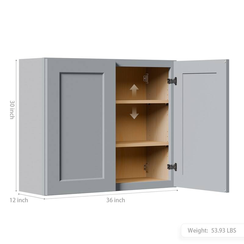 Navy Blue Shaker 36" Solid Wood Wall Cabinet, Soft Close Hinges, Adjustable Shelves, Double Door for Kitchen