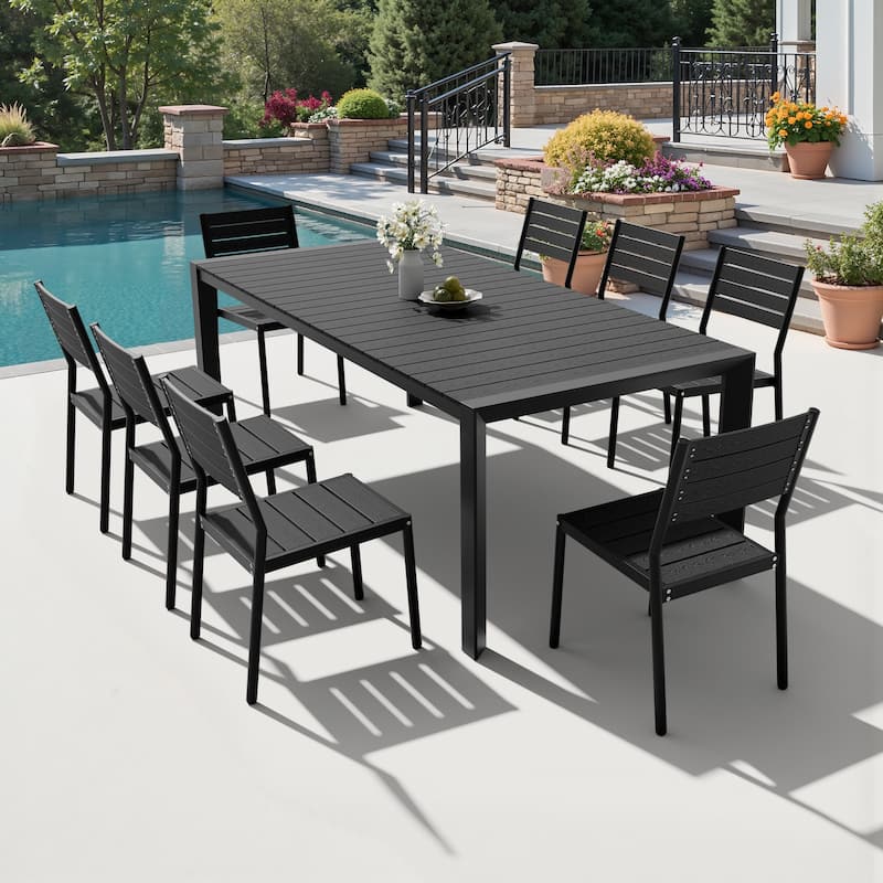 9PCS Outdoor Aluminum Dining Table with Umbrella Hole and Stackable Dining Chairs