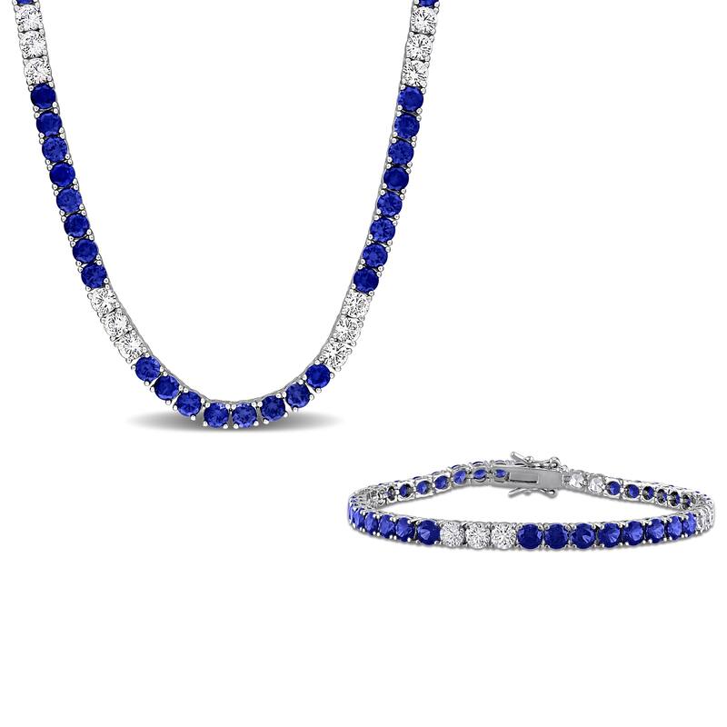 Miadora Sterling Silver Gemstone Tennis Bracelet and Necklace Set - Blue
