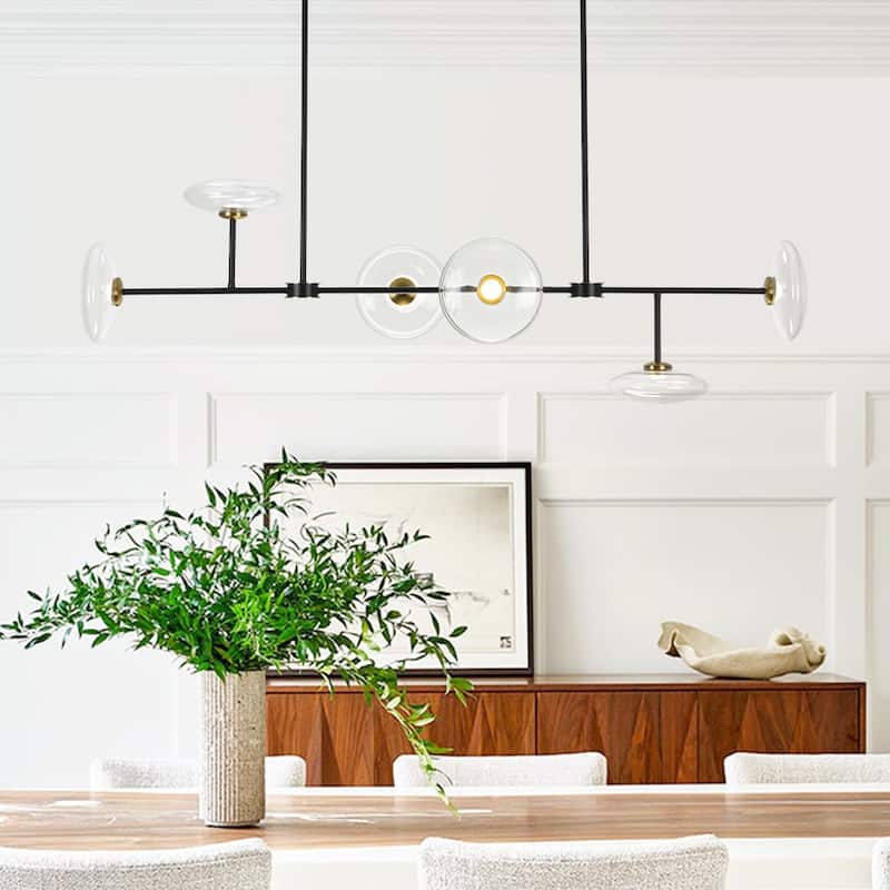 Modern 6-Light Disc Glass Dimmable LED Linear Chandelier - N/A - Black & Brass