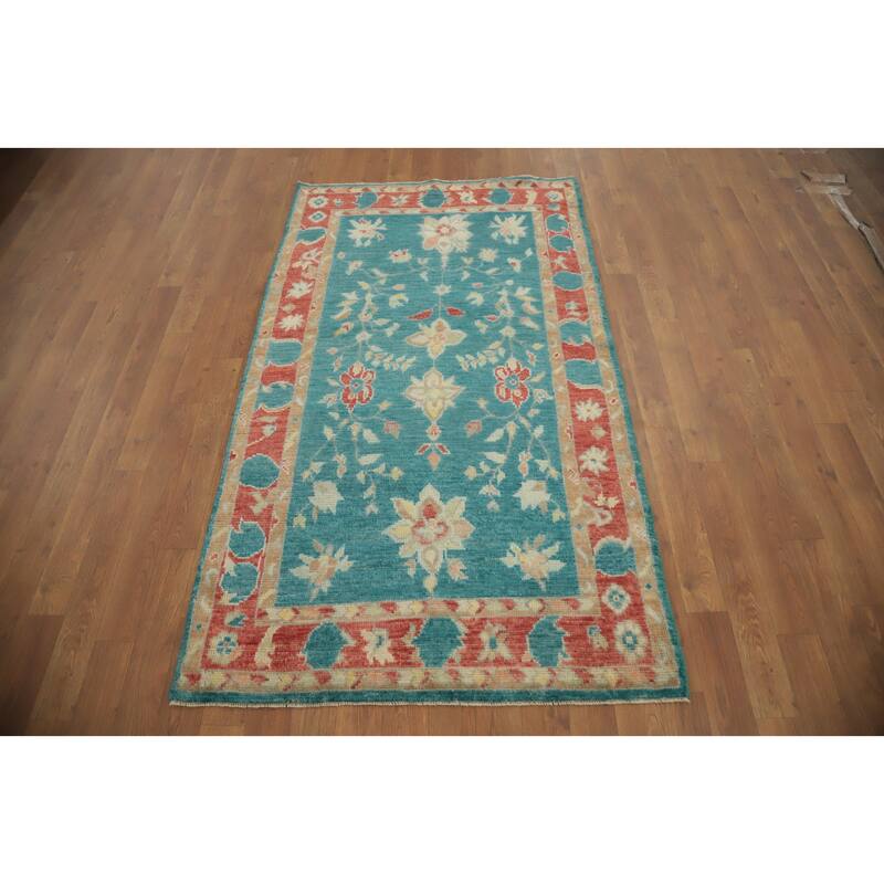 Hand Knotted Oriental 100% Wool Carpet Transitional All-Over Green Oushak Area Rug - 5' 5'' X 3' 2''