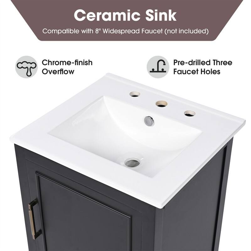 20" Bathroom Vanity with Ceramic Sink Combo, Freestanding Bathroom Storage Cabinet with 1 Door, 1 Storage Drawer and Door Shelf