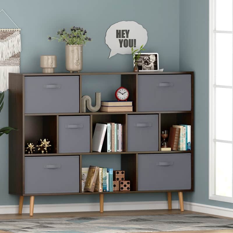 42.12" H x 55.11" W Cube Bookcase With Bins White/Brown