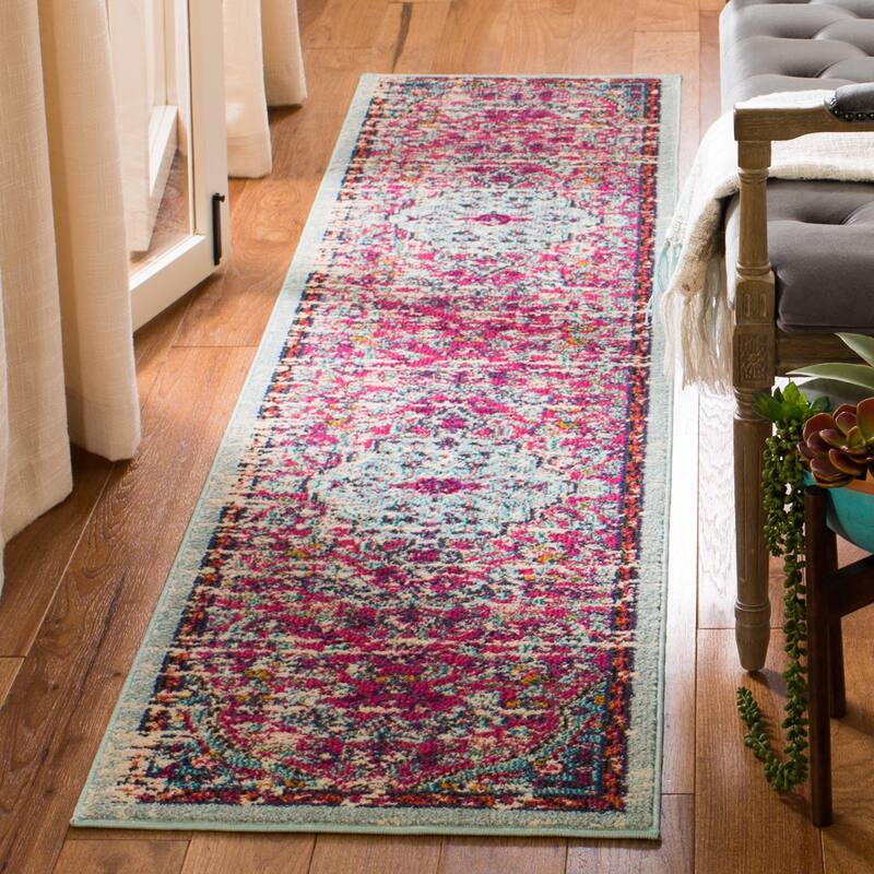 SAFAVIEH Madison Sabire Boho Medallion Distressed Rug - 2'2" x 20'  Runner - Fuchsia/Teal