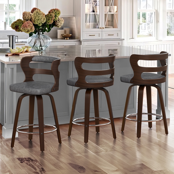 LUE BONA 26 H Modern Walnut Swivel Counter Height Stools Bar Stools with Backs Set of 3 26 H