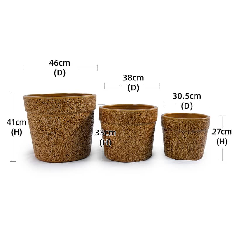 Set of 3 Antique Yellow Ceramic Planters 15 Inch Square Outdoor Garden Pots with Drainage Weather Resistant