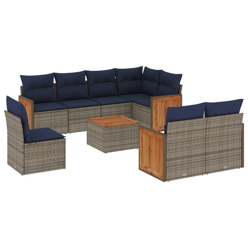 vidaXL 9 Piece Patio Sofa Set with Cushions Gray Poly Rattan - 92.6x27.2x69.3