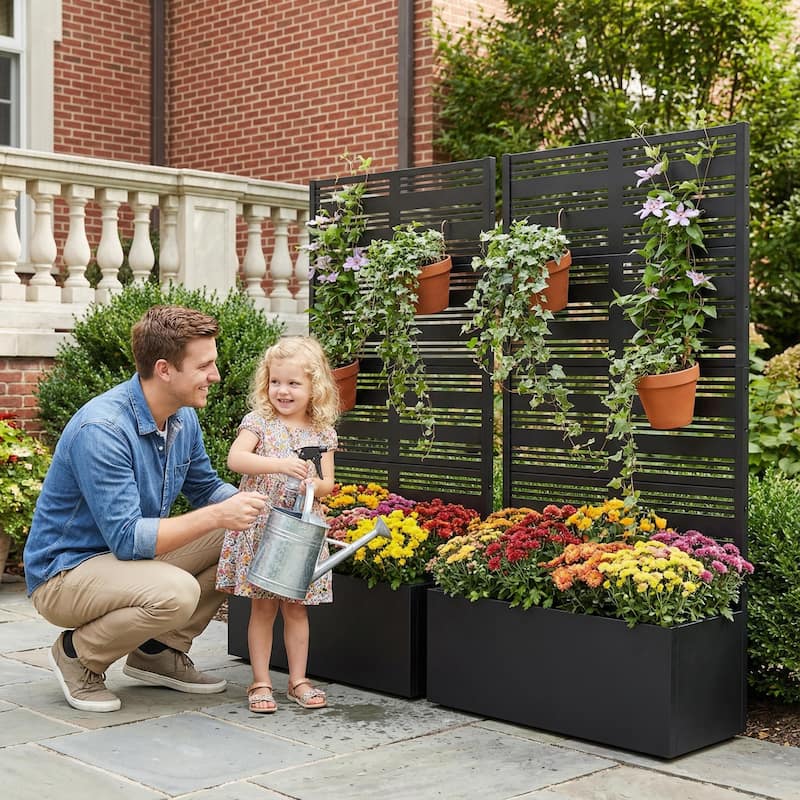 Metal Galvanized Planter Box with Trellis Privacy Screen Lockable Wheels Set of 2