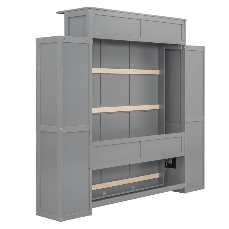 Solid Wood Murphy Wall Bed w/ LED Lights & Open Storage Shelves, Full/Queen Size Folding Murphy Cabinet Bed, Space Saving Design