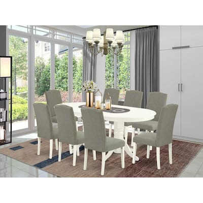 Kitchen Dining Set 9Pc - Table w/ Leaf & 8 Chairs - Linen White Legs - Dark Shitake Fabric