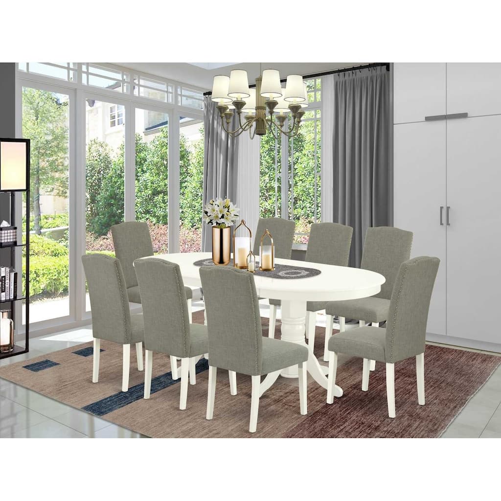 Kitchen Dining Set 9Pc - Table w/ Leaf & 8 Chairs - Linen White Legs - Dark Shitake Fabric