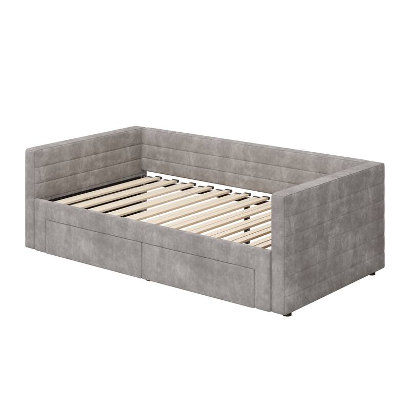 Twin Size Upholstered Bed Extendable Daybed Frame Twin to King Design Chenille Fabric Sofa Bed with Trundle and Storage Drawers