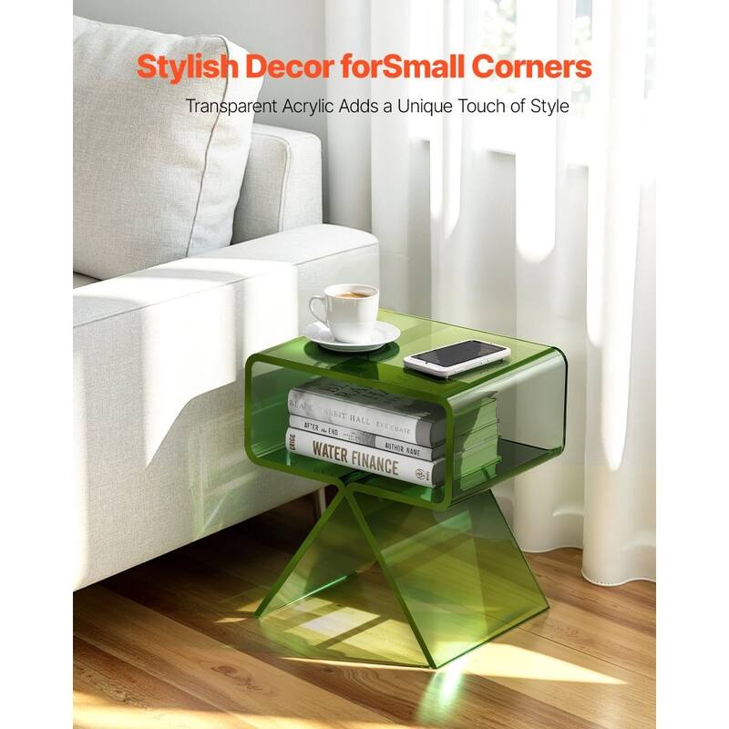 Transparent Green Acrylic Side Table with 2-Tier Storage and Sturdy Design - 11.8 x 15.4 x 17 in