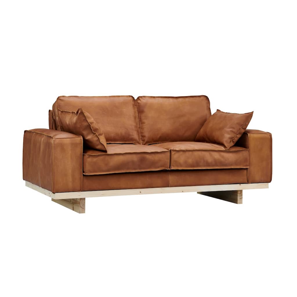 Wainscot Top Grain Leather Love Seat - Light Chestnut