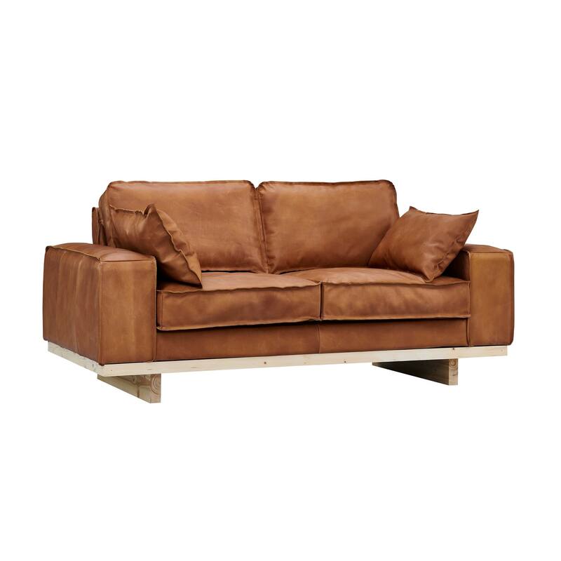 Wainscot Top Grain Leather Love Seat - Light Chestnut - Light Brown