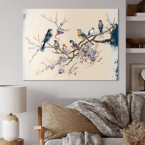 Designart "Multicolor Birds On Plum Blossoms Tree XI" Animals Canvas Wall Art