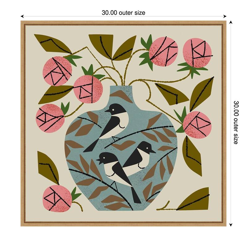 Three Bird Rose Vase by Renea l. Thull Framed Canvas Wall Art Print - Natural - 30 x 30 in