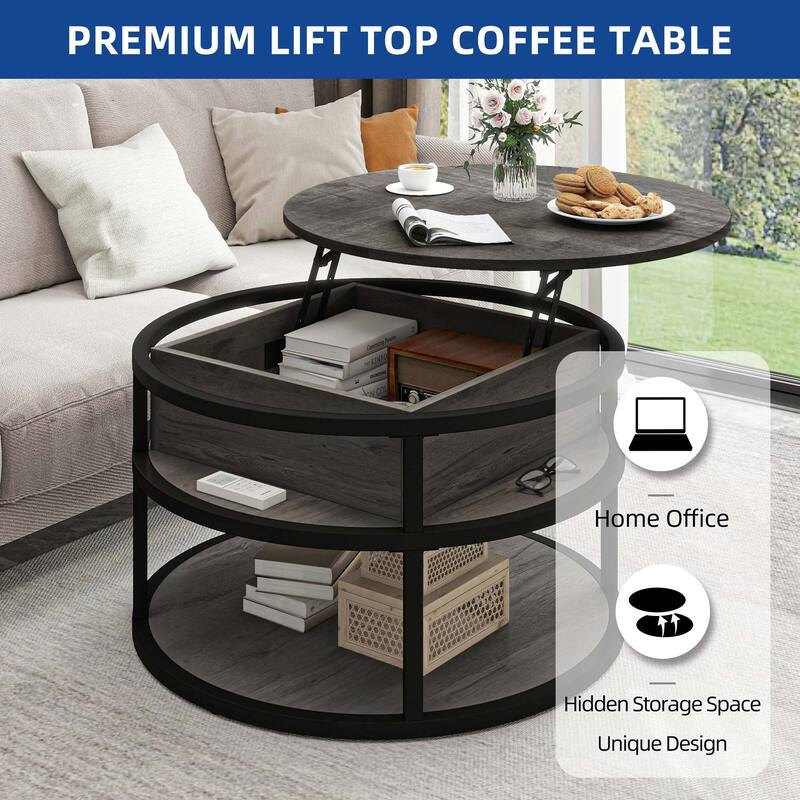 Moasis Farmhouse Lift Top Round Coffee Table with Hidden Storage and Base Shelf for Living Room