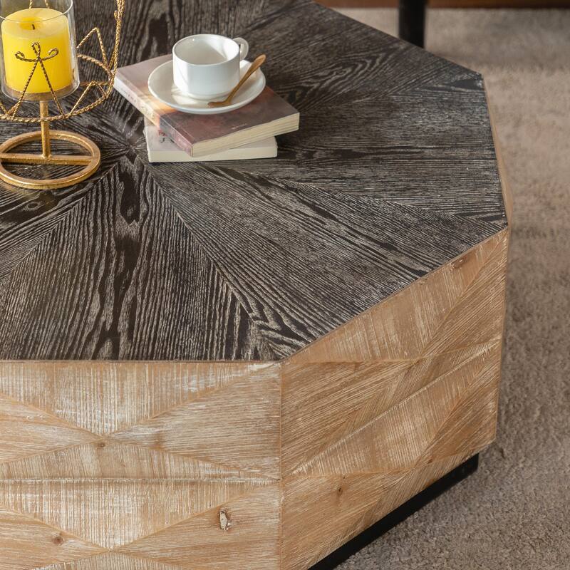 Hexagon Coffee Table - Rustic Wood, 3D Pattern, Farmhouse Style