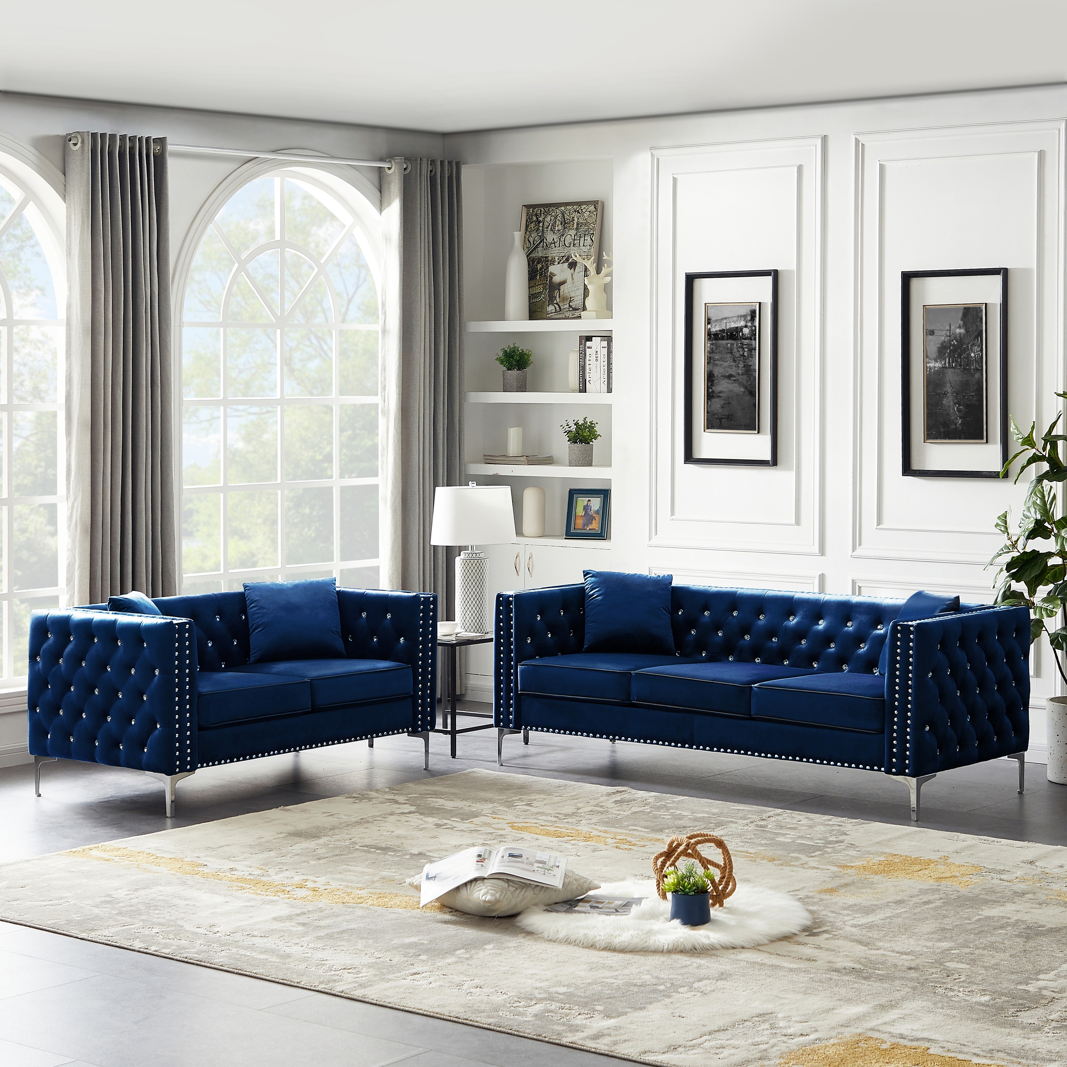 Blue 2-Piece Velvet Tufted Sofa Set - Bed Bath & Beyond - 40885104
