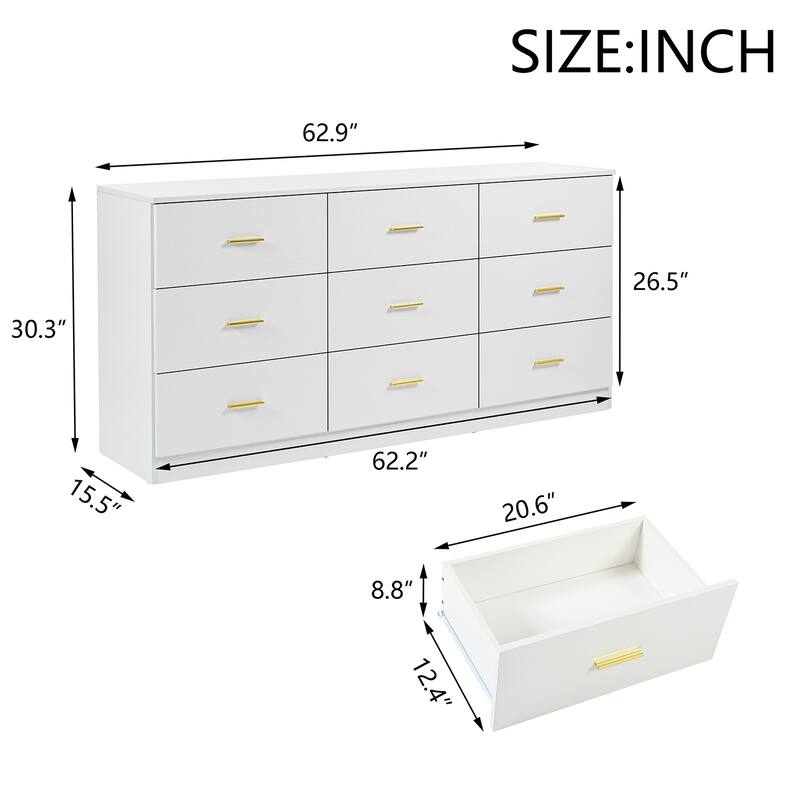 Modern 9-Drawer Dresser Wide Bedroom Chest Engineered Wood Storage Cabinet with Golden Handles and Ample Space