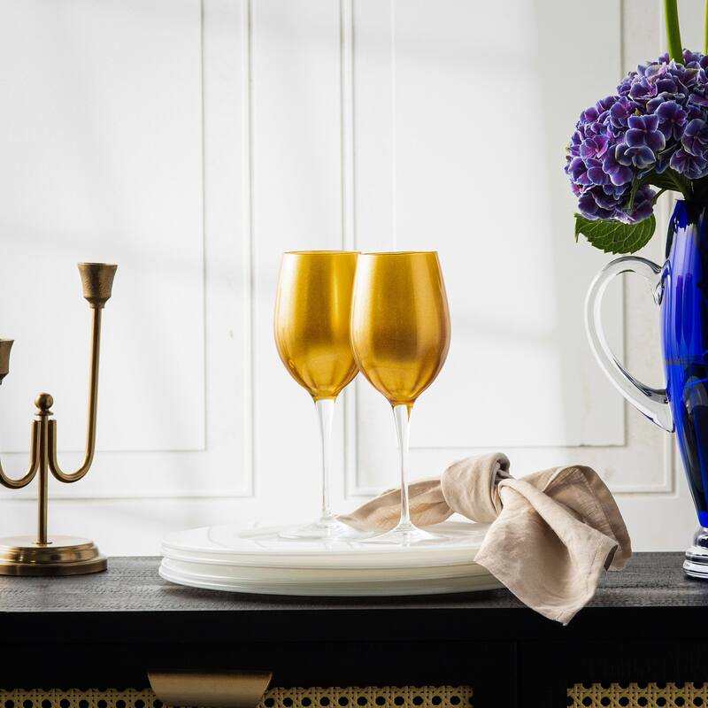 Majestic Gifts Inc. Glass Wine/Water Goblet Set/6 - Gold Glass W/ Clear Stem - 14 oz. Made in Europe