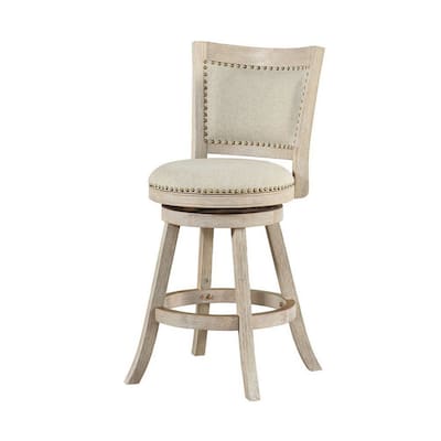 Curved Back Wood Swivel Counter Stool, Nailhead Trim, Driftwood Wire-Brush, Ivory