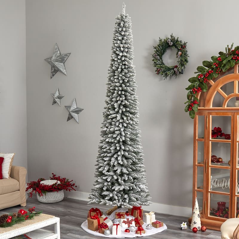 10ft. Flocked Pencil Artificial Christmas Tree with 700 Clear Lights & 1145 Branches - Sleek Snowy Holiday X-Mas Tree