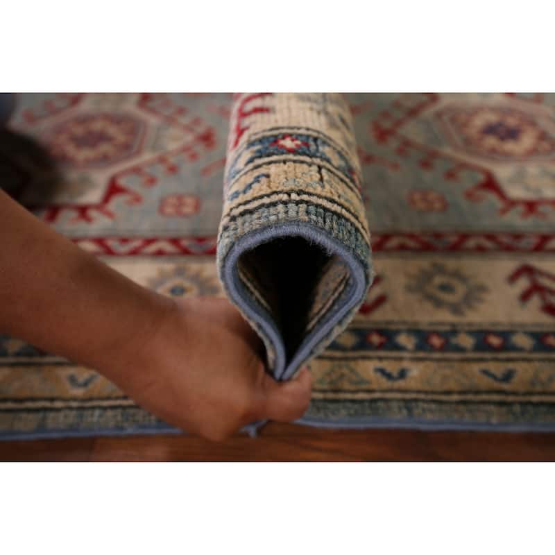 Geometric Kazak Oriental Runner Rug Hand-Knotted Blue Wool Carpet - 2'3" x 13'2"