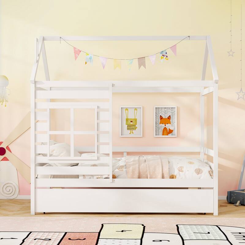 Gymax Twin Size House Bed with Trundle Wooden Platform Bed w/ Roof
