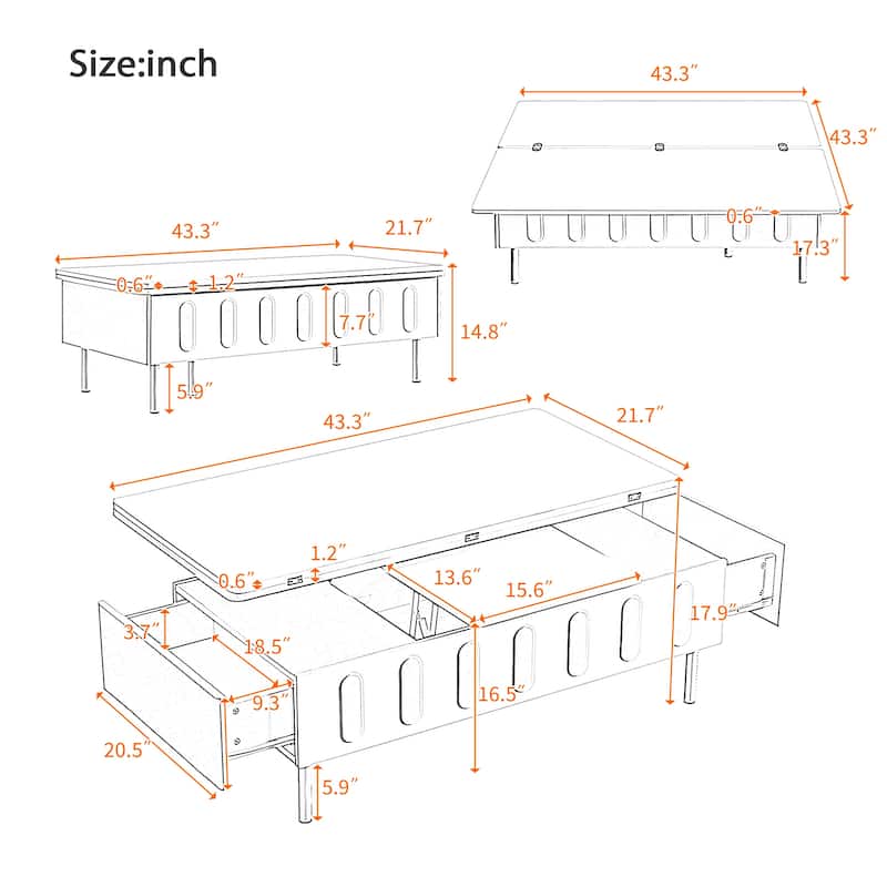 Roomfitters Lift-Top Coffee Table with 2 Drawers and Foldable Top, Hidden Storage Compartment, Adjustable Center Table