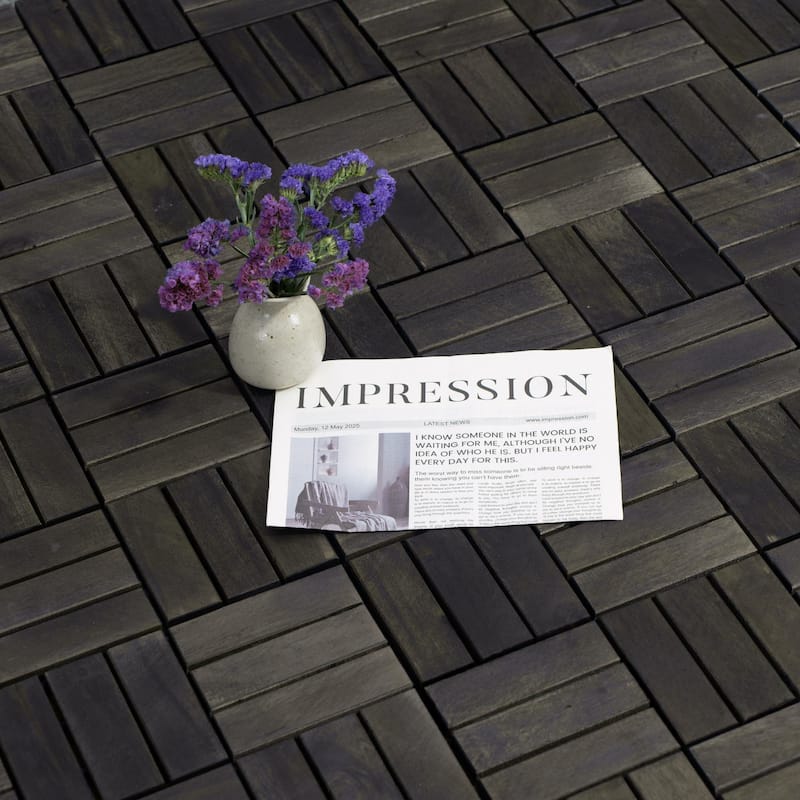 Acacia Wood Interlocking Deck Tiles Checker Pattern, 30 PCS 12" x 12" Dark Brown Square Acacia Hardwood Outdoor Flooring