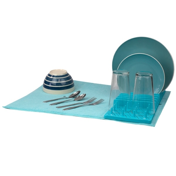 Plastic Dish Drying Rack with Buttoned Micro Fiber Mat, Turquoise