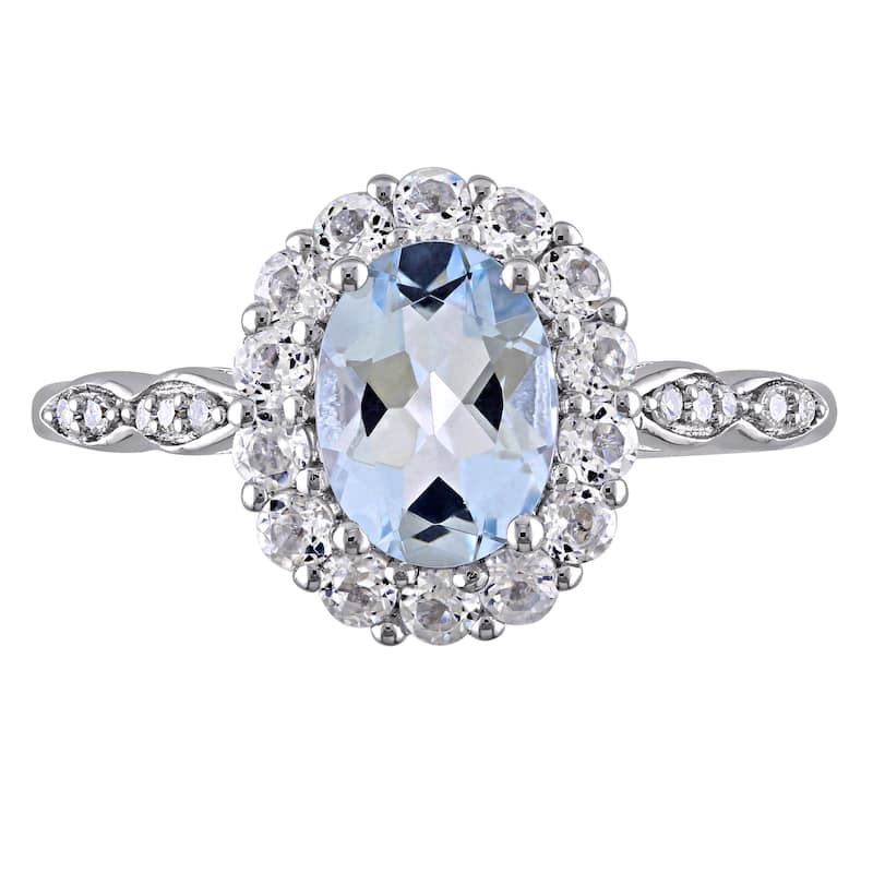 Miadora 14k White Gold Oval-cut Aquamarine White Topaz and Diamond Accent Halo Engagement Ring
