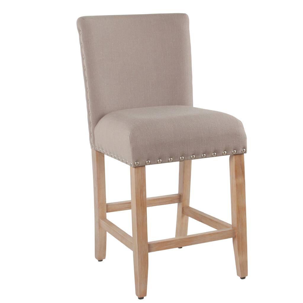 Siem Counter Stool Chair, Tan Brown Woven Fabric Seat, Nailhead Trim