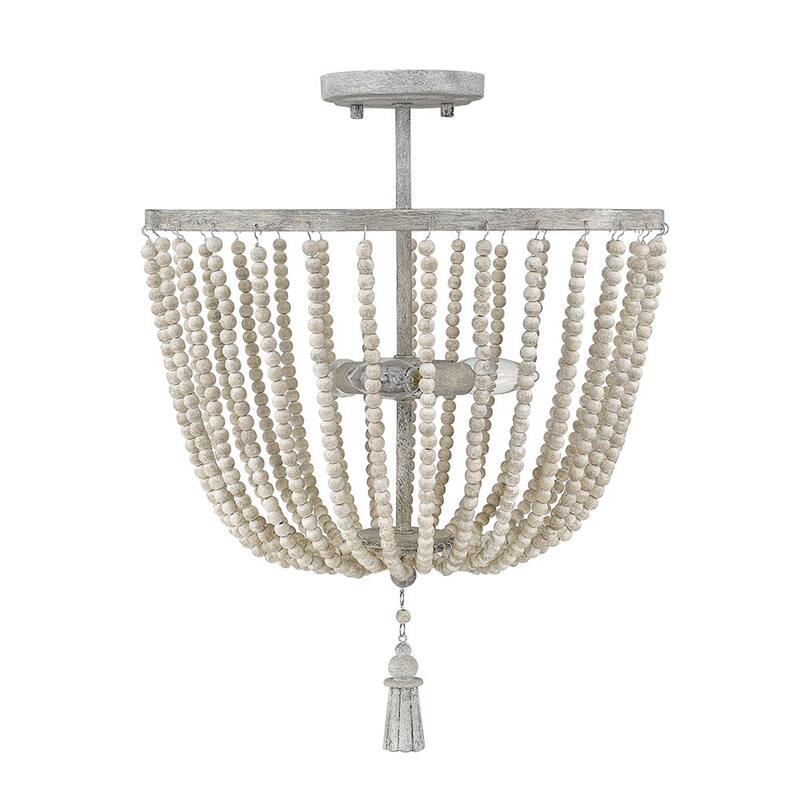 Wood Beaded 3 Lt. Semi Flush Light Fixture WH