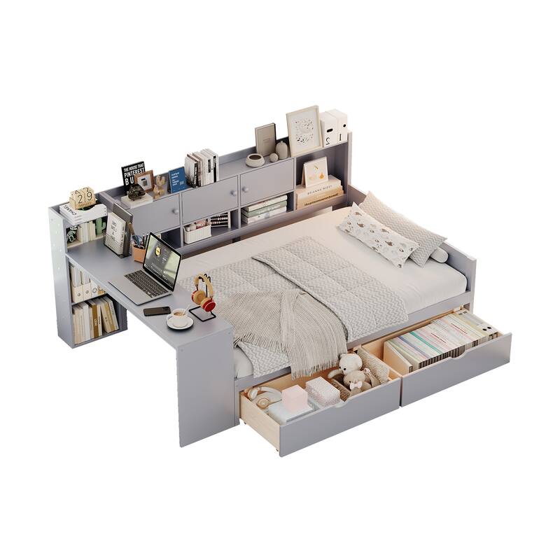 Twin Size Wooden L-Shape Daybed with Study Desk & Built-in Bookshelf, Multi-functional Bed for Bedroom