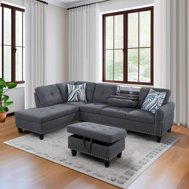 Modular Living Room Sectional with Storage Ottoman and Flip-Top Console, Black or Gray - Grey