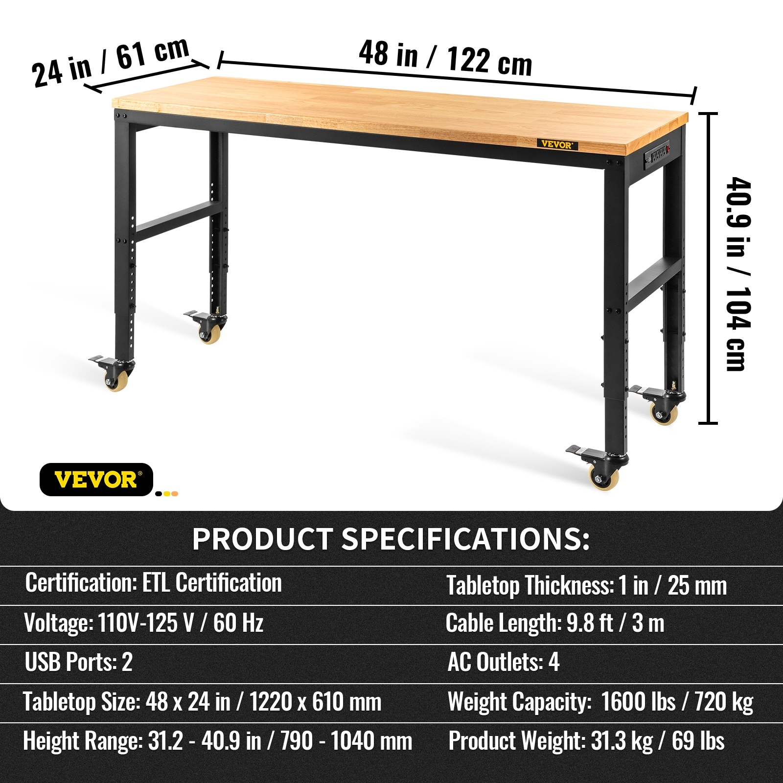 VEVOR Workbench Garage Work Table Adjustable Height Power Outlets