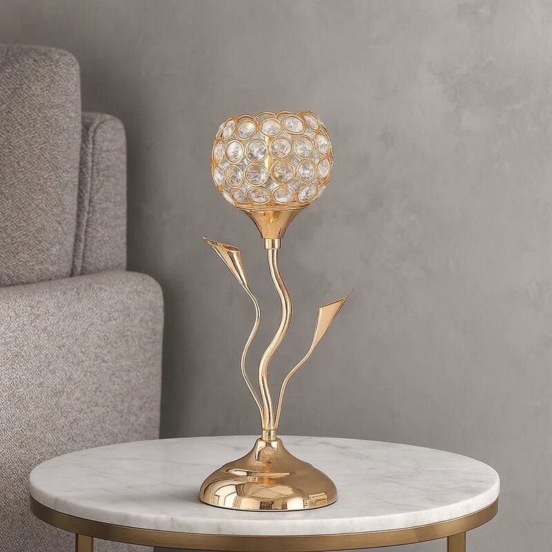 Metal Table Lamp with Floral Shade and Acrylic Crystals, Gold