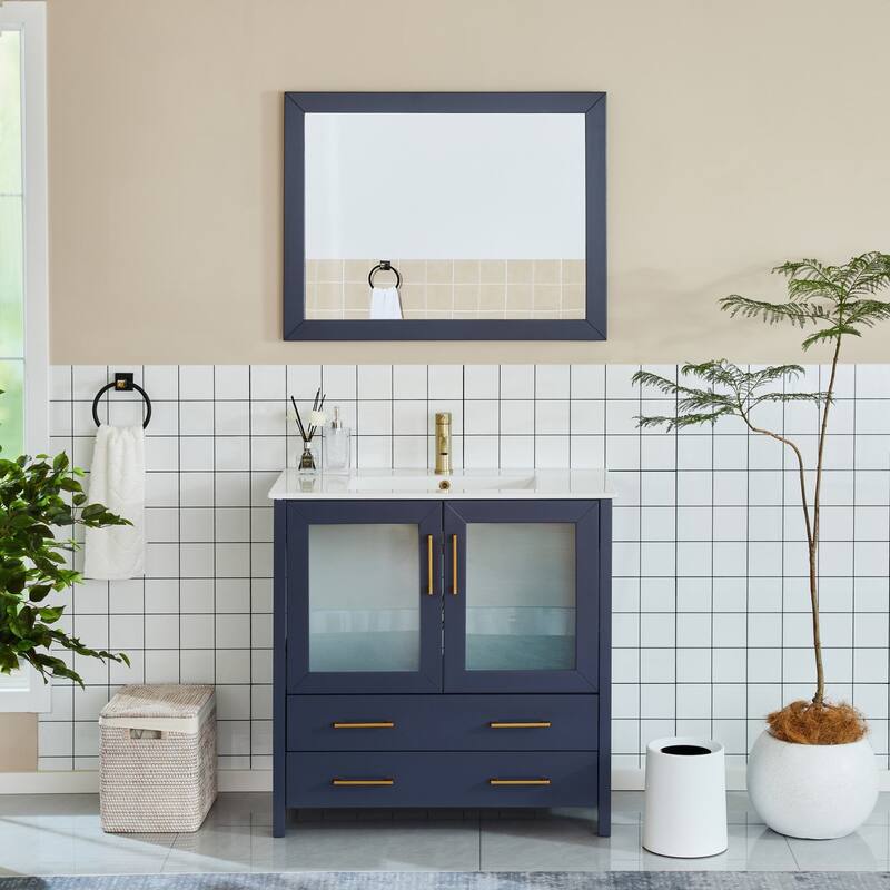 Vanity Art 36-Inch Single Sink Bathroom Vanity Set Dove-Tailed Drawers, 1 Cabinets, 1 Shelf, Soft-Closing Doors with Free Mirror - Blue