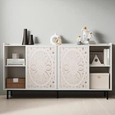 Distressed White Wood Curio Cabinet with Carved Fir Doors and Shelving - Mid-Century Console Table