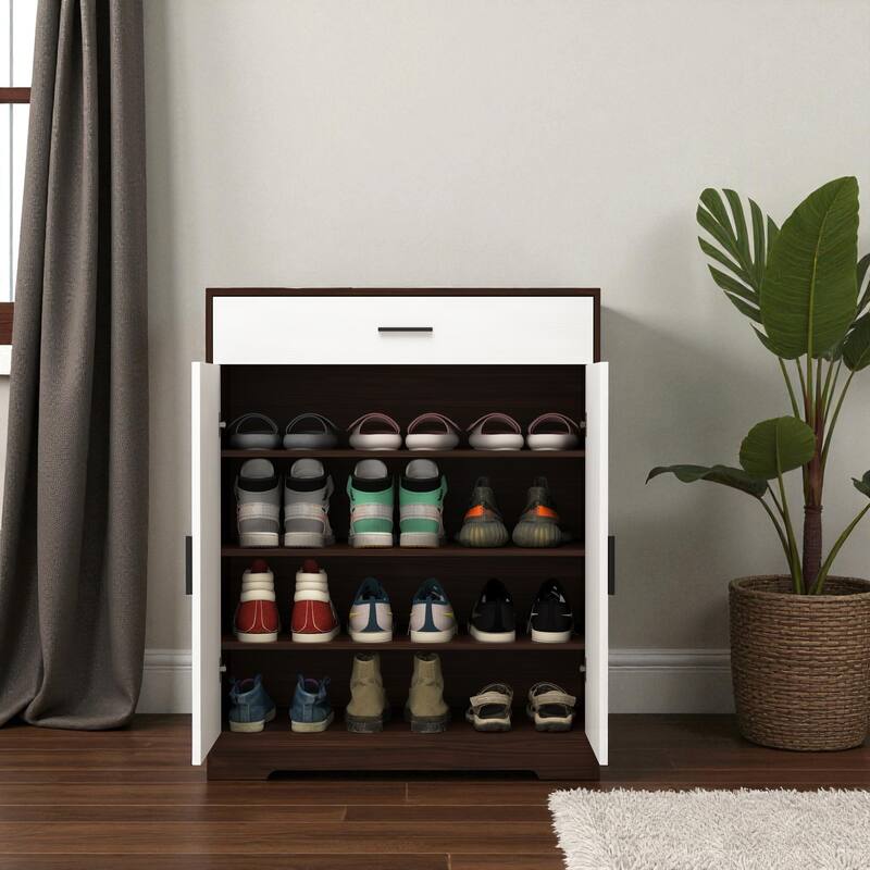 31.5" 4-Tier Wooden Shoe Storage Cabinet with Drawer, Freestanding Shoe Organizer with Adjustable Shelves for Entryway