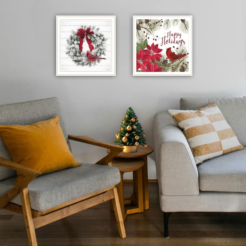 2-Piece Framed Wall Art Set - Cardinal Wreath, White Frame
