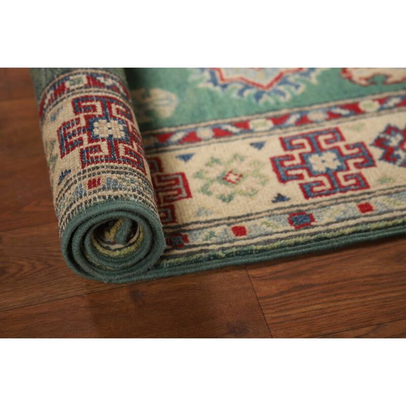 Green Kazak Foyer Rug Handmade Geometric Wool Carpet - 2'8"x 3'9"
