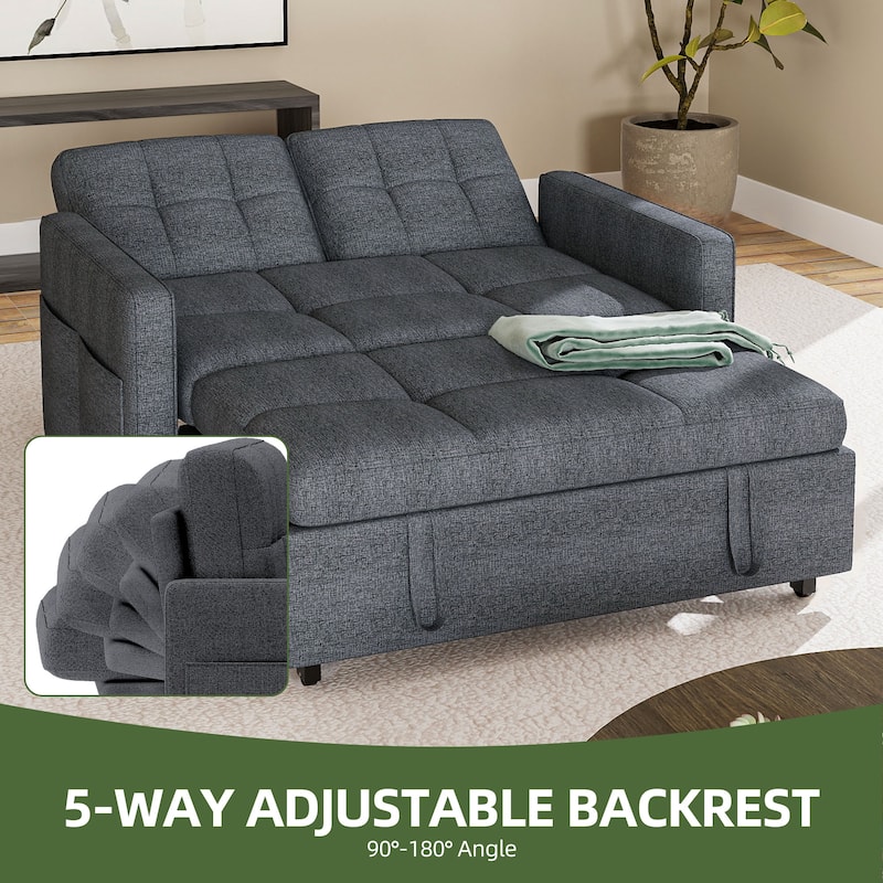 3-in-1 Sleeper Sofa with Iron Frame Pull-Out Bed, Linen Futon Couch with Reclining Backrest and Side Pocket